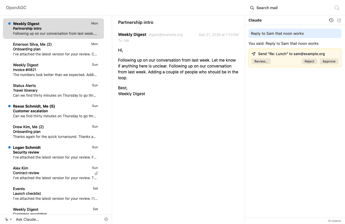 OpenAGC with Claude proposing a reply, waiting for the user to approve or reject it